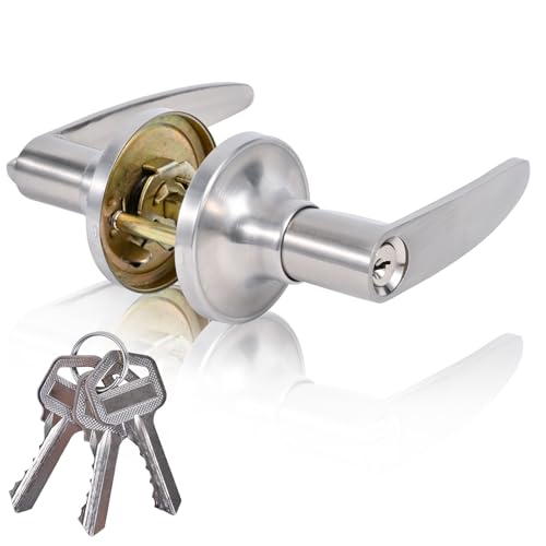 High-Security Stainless Steel Door Lever with Lock and Key,Silver - color: 8600-Silver