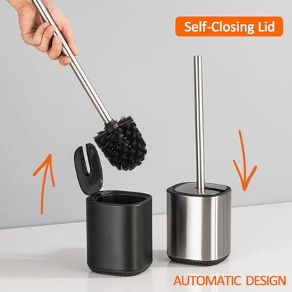 Toilet Bowl Brush and Holder, Toilet Brush with Stainless Steel Handle and Durable Bristles for Bathroom Cleaning, Automatic Closing Holder Set (Silver) - color: Silver