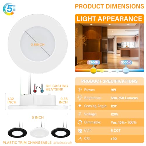 4 Inch LED Mini Surface Mount Light, Recessed Trim, Small Flush Mount Ceiling Light for Hallway, Bathroom, Kitchen, 120V, 60W Replacement, 5CCT Selectable, ETL, Wet Rated, White/2 Packs - color: White, size: 2 Packs