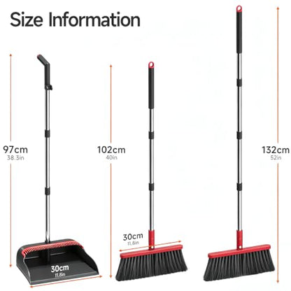 Broom and Dustpan Set, 52" Long Handle with Dust Pan Teeth, Red - color: Black & Red