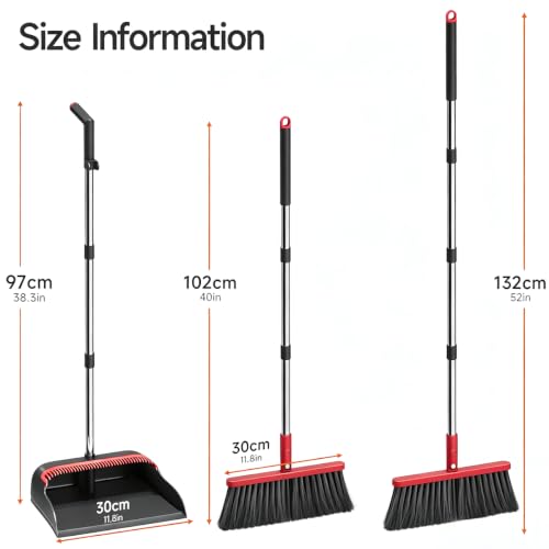 Broom and Dustpan Set, 52" Long Handle with Dust Pan Teeth, Red - color: Black & Red