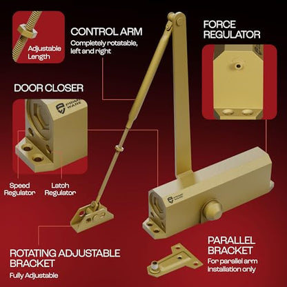 PrimeWare DC-600 Adjustable Automatic Door Closers for Home | Soft Close, No Slam | Residential and Commercial Door Closer | Level 1-6 | for Doors Weighing 30-300 lbs | Hydraulic Door Spring - Gold - size: Level 1-6, style: Gold