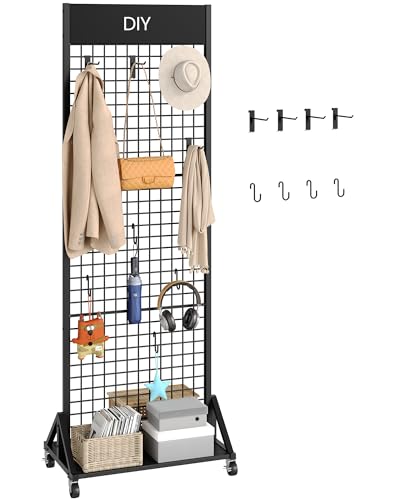 CHOEZON Grid Wall Panel, 2’ x 5.7’ Ft Floor Standing Gridwall Display Rack, Retail Display Stand, with 4 S-Shaped Hooks and 4 Garment Hooks, for Entryway, Study, Kitchen, Outdoors, Black TCJ27BB