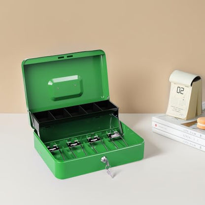 Cash Box with Money Tray and Lock, Metal Money Box for Cash Register 4 Keys - color: Green