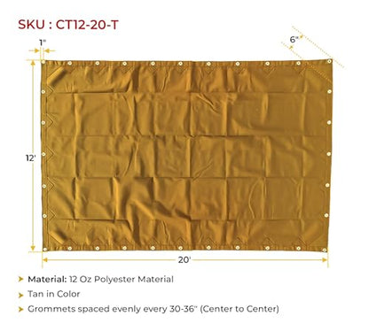 Mytee Products 12' x 20' Tan Canvas Tarp 12oz Heavy Duty Water Resistant - color: Tan (1 Pc), size: 12' x 20'