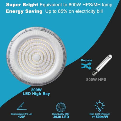 Lightdot 200W LED High Bay Lights, 5Pack Plug and Play High Bay LED Lights