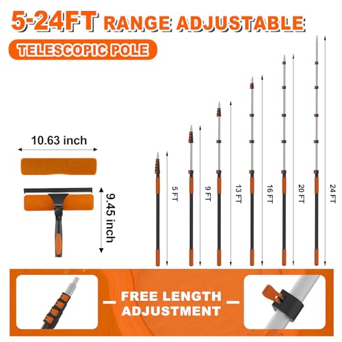 SISUPASSIE 30FT Reach 2-in-1 Window Squeegee, Professional Window Washing Kit with 5-24FT Extension Pole for Home, Indoor Outdoor Squeegee with Rotatable Head for High Windows - size: 24FT