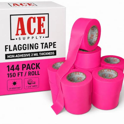 ACE Supply Pink Flagging Tape 144 Pack - Non-Adhesive Survey Tape - 1-3/16 Inch Width, 150 Ft Length, 2 Mil - Tree Marking Ribbon, Surveyors Ribbon - color: Pink, size: 144 Pack