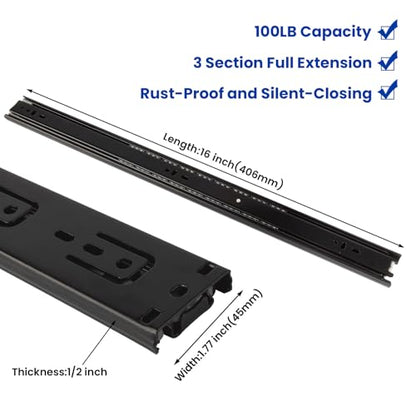 LONTAN 1 Pair Black Side Mount Drawer Slides 16 Inch Heavy Duty Rails - color: Black, size: 16 Inch - Drawer Slide