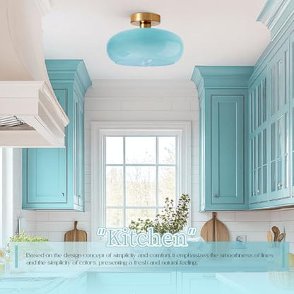 Lighting Mid Century Glass Flush Mount Ceiling Light Nordic Round Semi Flush Mount Ceiling Light Fixtures wtih Blue Dome Glass Shade Bathroom Overhead Lights Hallway Lights Fixture - color: Flush-Blue 2