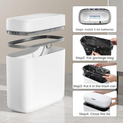 JUDRDO 3.5 Gal Slim Touchless Bathroom Trash Can, Automatic Diaper Pail - color: White