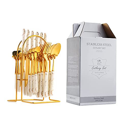 24-Piece Gilded Stainless Steel Flatware Set,Kitchen Utensil Tableware Cutlery Set Service for 6, Steak Cutlery Set for Home and Restaurant (White)… - color: White