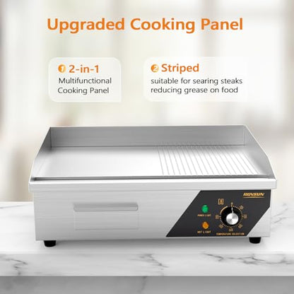 ROVSUN 22" Electric Griddle, Electric Countertop Half Flat Top Griddle, 1600W Grill Stainless Steel with Adjustable Temperature Control 122°F-572°F for Commercial Home Restaurant, Plug - size: 22"