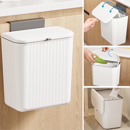 Kitchen Compost Bin Cabinet Hanging Small Trash Can with Lid 2.4 Gallon - color: white