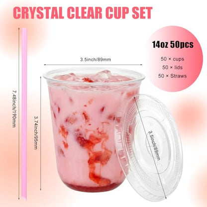 Ziliny 50 Pack 14 oz Plastic Cups with Lids Straws Iced Coffee, Pink - color: Pink, size: 14 oz