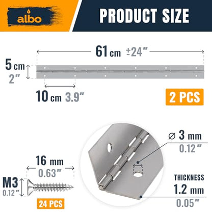 ALBO 24 x 2 Piano Hinge Stainless Steel 304, Silver, 2-Pack - color: Silver, size: 24 Inch