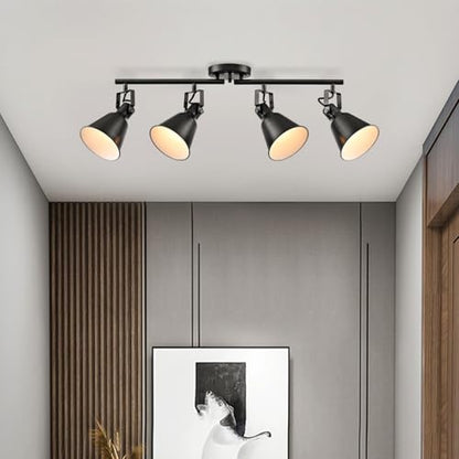 DIRYZON 4-Light Industrial Matte Black Adjustable Round Track Lighting, Semi Flush Mount Ceiling Light with Multi-Directional Heads for Kitchen, Living Room, Bedroom, Hallway, Dimmable - color: Black, size: 4-Light