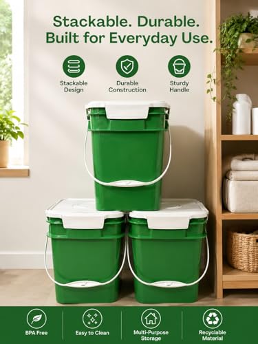 House Naturals 4 Gallon Square Food Grade Bucket Pail with Plastic Handles and Lid (Pack of 3) Made in USA containers (Green - White lids) - color: Green - White Lids