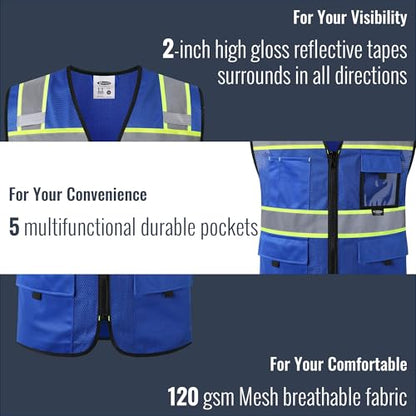 JKSafety Safety Vest for Men Women Hi Vis Relfective Vest with Pockets High Visibility Meet ANSI Standard - color: 331-blue, size: Large