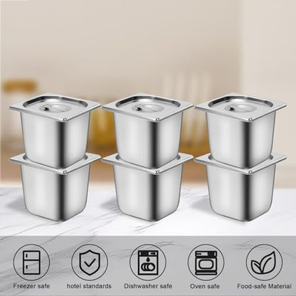 6 Pack 1/6 Size Stainless Steel Hotel Pans With Lids, 6 Inch Deep