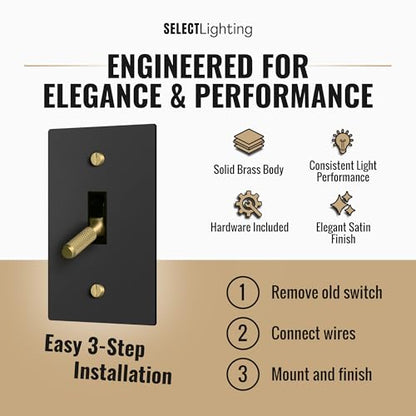 SELECT 1-Gang Solid Brass Toggle Switch, 3-Way Compatible with Faceplate - color: Black with Brass, size: 1 Gang, style: Toggle Switch