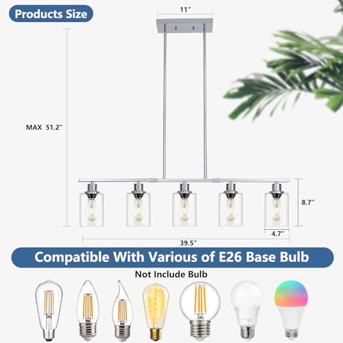 39.4" Kitchen Island Lighting, 5 Lights Clear Glass Pendant Light Fixtue, Chrome Linear Metal Chandelier for Dining&Living Room Foyer,Height Adjustable,E26 Socket - color: Chrome
