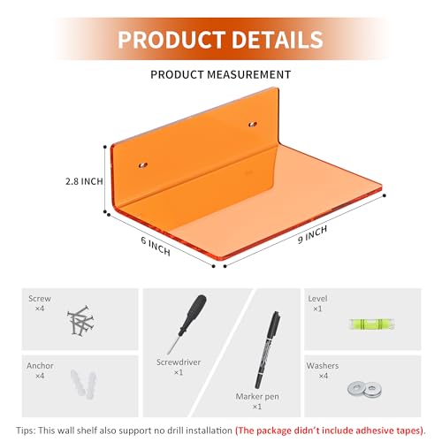 Sezanrpt 9 Inch Orange Wall Shelves, Acrylic Wall Mounting Ledges Display, Acrylic Display Wall Shelf for Funko Pop Figures, Collectibles, Plants, Décor, Toiletries, Spices, 2 Pack - color: Orange, size: 9 Inch