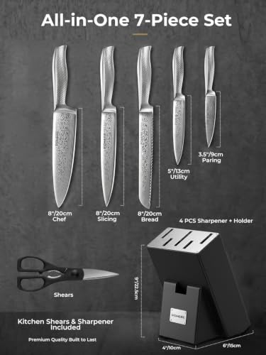 Knife Set, FOHERE 7 Pieces Kitchen Knife Set with Built-in 5 x Sharpeners, Waved Texture Knife Set with Block, Stainless Steel Knife Block Set, Sharp Knives Set with Ergonomic Handle - size: 7