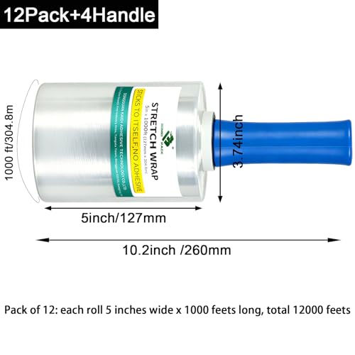 BOMEI PACK 12 Packs Stretch Film Shrink Wrap Roll - 80 Gauge 5" x 1000Ft - Industrial Strength Plastic Wrap with Handle Durable Self-Adhering Mini Clear Wrap for Moving, Packing, Furniture & Pallet