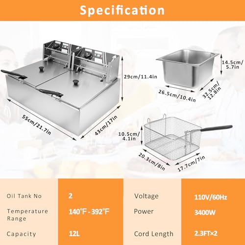 Commercial Deep Fryer with Basket, 12.7QT/12L, Detachable Large Capacity Stainless Steel Countertop Electric Oil Fryer with Temperature Control for Restaurant or Home Use