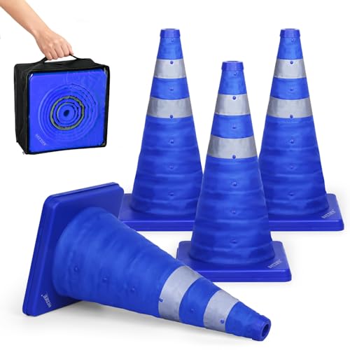BATTIFE 4 Pack 18 Inch Collapsible Traffic Cones, Blue Safety Cones - color: Blue, size: 18inch