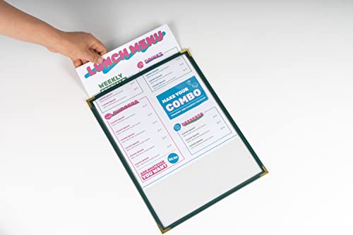 Menu Covers, Single Page, 1 Pocket, 2 View, for 8.5" x 11" Letter Size Paper, Pack of 6, Green Edging + Gold Metal Corner, Made with Leatherette & Vinyl