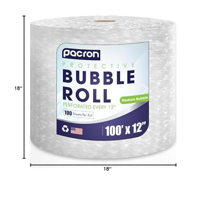 Bubble Roll Wrap 12" x 100', 1-Pack 5/16" Perforated Medium Cushioning - size: 100x12 | Perf 12 | 1 Roll