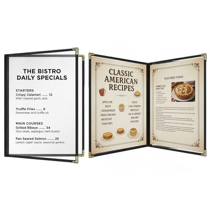Restaurant Menu Covers 8.5 x 11 – Black Faux Leather Menu Holder with Gold Corners, 2 Pages 4 Views, Waterproof Menu Covers for Restaurants, Cafes & Bars