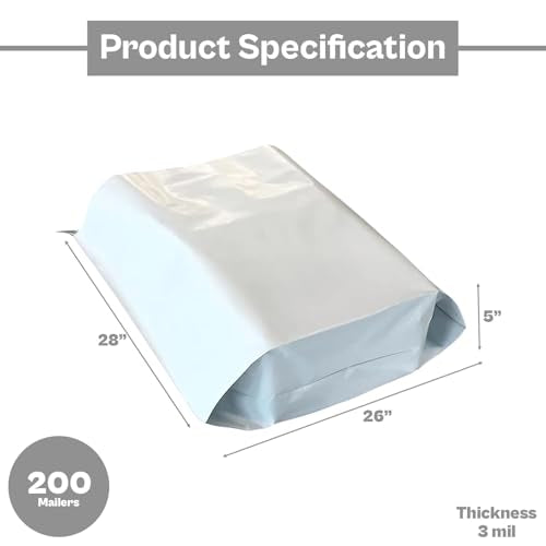 PSBM 200 PCS 26 x 28 Inch White Expansion Poly Mailer, Self Seal Expandable Gusseted Shipping Envelope, Ideal for Packing and Shipping Cloths, Documents, Books, Gifts, Jewelry and More