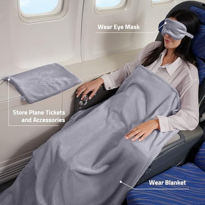 Travel Blanket Pillow,Airplane Blanket Compact with Bag Eye Mask, Ultra-Soft,Warm & Lightweight Included,Travel Essentials for Women & Men, Luggage Sleeve & Backpack Clip 65x40 in, Grey - color: Gray