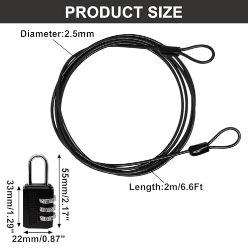 Cable Lock Double Loops 6.6Ft Long Black Security Cable with Lock, Bike Locks Cables 2.5mm Braided Steel Coated Safety Cables Wire for Luggage, Outdoor, Clothesline (2 Pack) - color: Black, size: 6.6Ft (2 Pack)