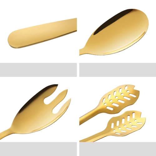 Salad Spoon and Fork Stainless Steel Tong Serving Set, Heavy Duty Smooth Finish Metal Serving Utensils Large Salad Servers for Home Kitchen Party Buffet Supply (Gold) - color: Gold