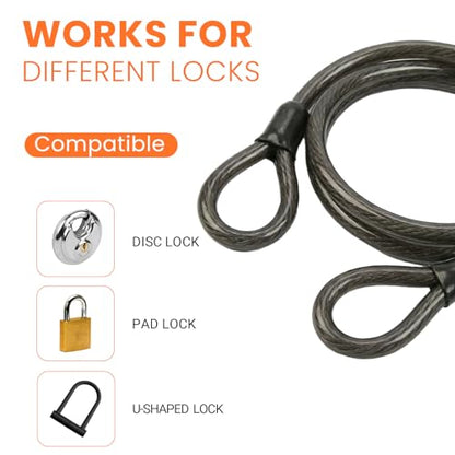 Security Cable with Loops, 10MM Heavy Duty Lock Cable, 4FT 7FT 10FT 15FT 25FT 30FT Vinyl Coated Rust-Proof Flexible Steel Bicycle Security Cable for Motorcycle, Furniture, Gates (Black, 30FT) - size: 30FT