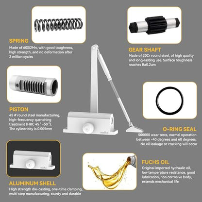 Automatic Door Closer Heavy Duty Fire Prevention Spring Hydraulic Aluminum Alloy Surface Mounted Residential Commercial Grade Door Closer Adjustable Speed Door Weights 55-99 Lbs Size1-White - size: Size1 White-Door Weight 55-99 Lbs