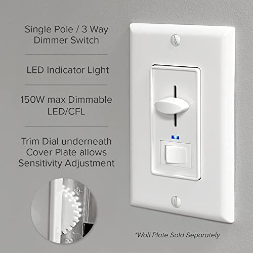 Maxxima Dimmer Light Switch, White, Blue Indicator Light 3-Way/Single Pole - size: Single Pack