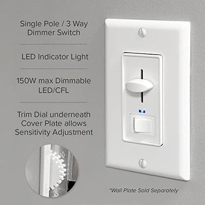 Maxxima Dimmer Light Switch, White, Blue Indicator Light 3-Way/Single Pole - size: Single Pack