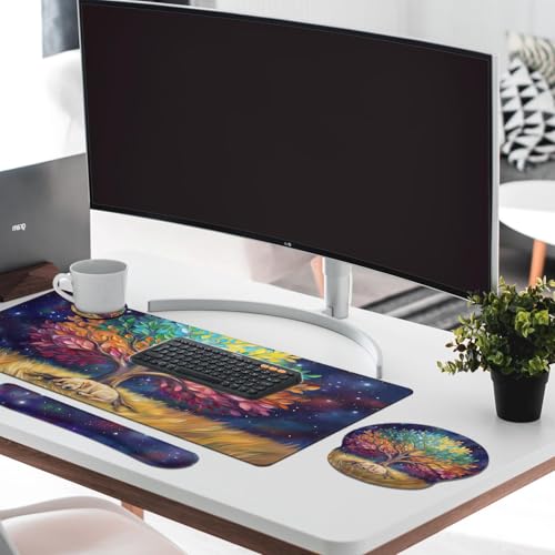 Britimes Keyboard Mouse Pad Set, 4 in 1 Desk Mat Set, Tree Oil Painting - color: Colorful Tree
