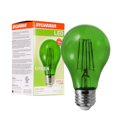 LEDVANCE Sylvania LED Green Glass Filament A19 Light Bulb, Efficient 4.5W, 40W Equivalent, Dimmable, E26 Medium Base - 1 Pack (40303) - color: Green, size: 1 Count (Pack of 1)