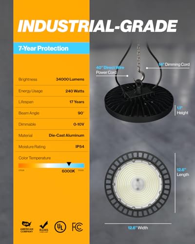 Sunco 10 Pack UFO LED High Bay Light, 240W, 6000K, 34800LM, Dimmable - size: 10 Pack