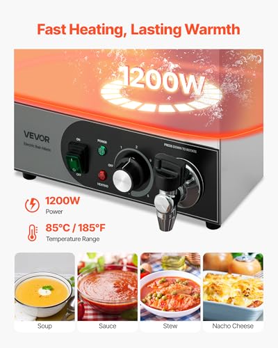 VEVOR Commercial Food Warmer, 1200W Electric Stainless Steel Steam Food Warmer, Fast Heating Countertop Buffet Bain Marie with Detachable Power Cord, for Catering, Restaurants, Parties & Buffets - size: 3*1/3Pan;20CM Depth