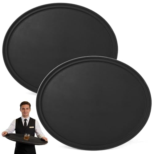 CURTA 2-Pack Restaurant Grade Non-Slip Tray, NSF, Oval 24-Inch x 29-Inch, Plastic Rubber Lined Round Serving Tray, Black - color: Black-oval, size: 29 Inch x 24 Inch x 1 Inch