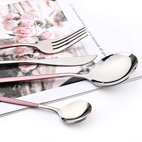Mirror Cutlery Serving Set, 24-piece 18/0 Stainless Steel Silverware With Pink Handle Simple & Modern Tableware For Home Party Restaurant Christmas Dinner, Service For 6 (Pink Silver) - color: Pink silver