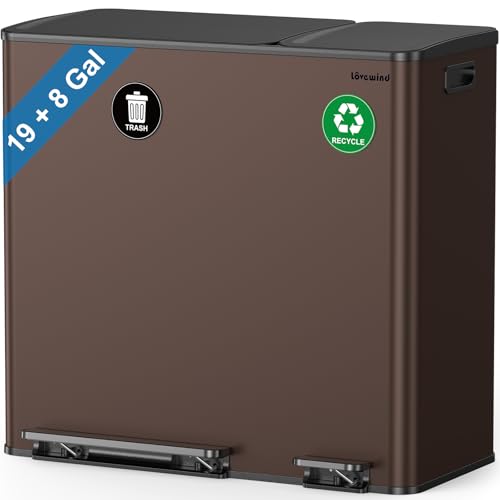 Dual Trash and Recycling Bins for Kitchen, 19+8 Gallon (72+30L) Stainless Steel Trash and Recycle Bin Combo with Soft-Close Lid, Large Garbage Cans for Kitchen Home with 2 Magnets Sticker, Brown - color: Brown