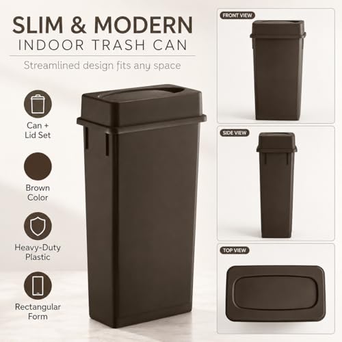 23 Gallon Slim Rectangular Commercial Trash Can, Heavy Duty Plastic Indoor Waste Bin for Kitchen, Office, Restaurant, School, Restroom & Janitorial Use (Brown, with Lid) - color: Brown